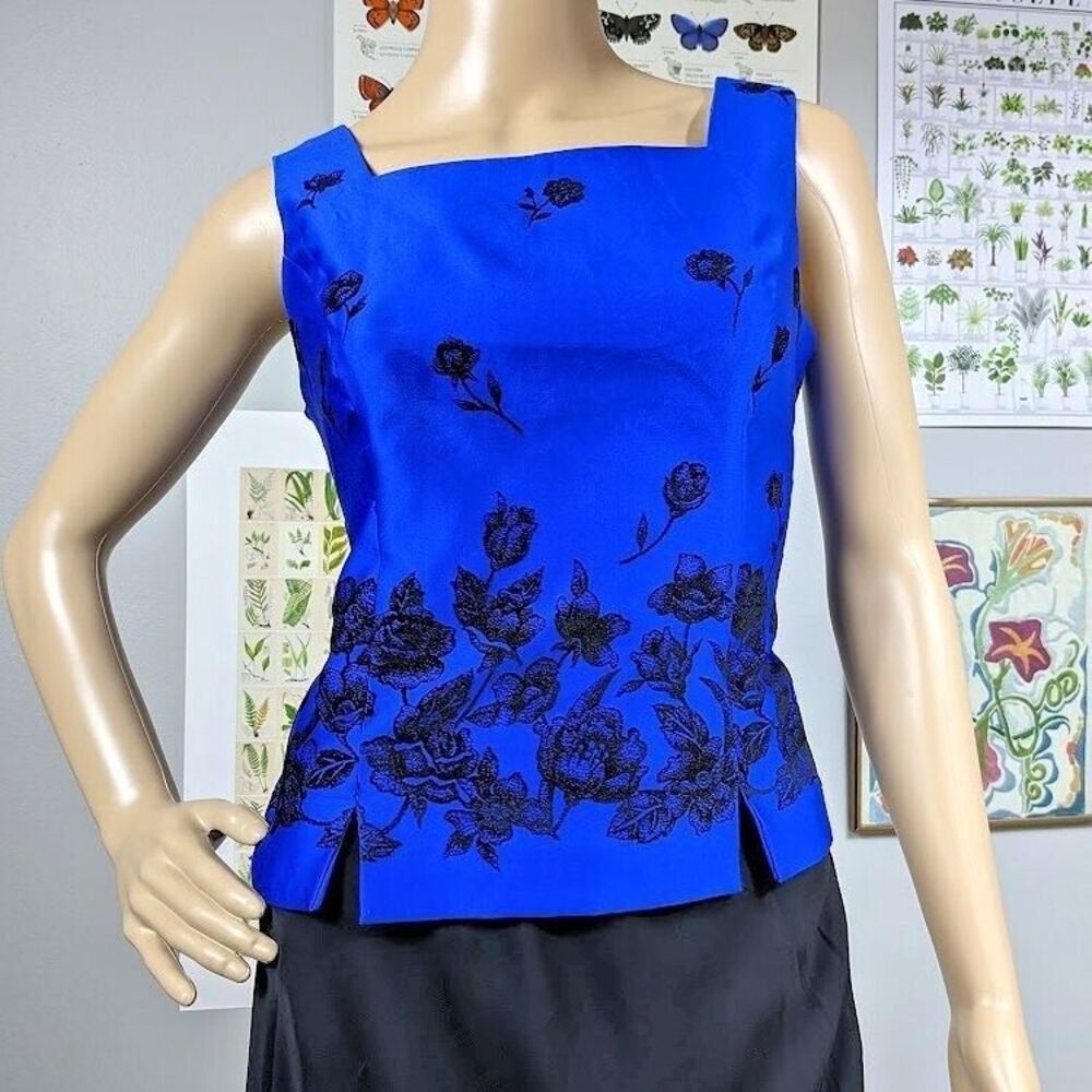 Vintage 90s Donna Rico Top Sleeveless Blue Floral Velvet Cottagecore Size 6P